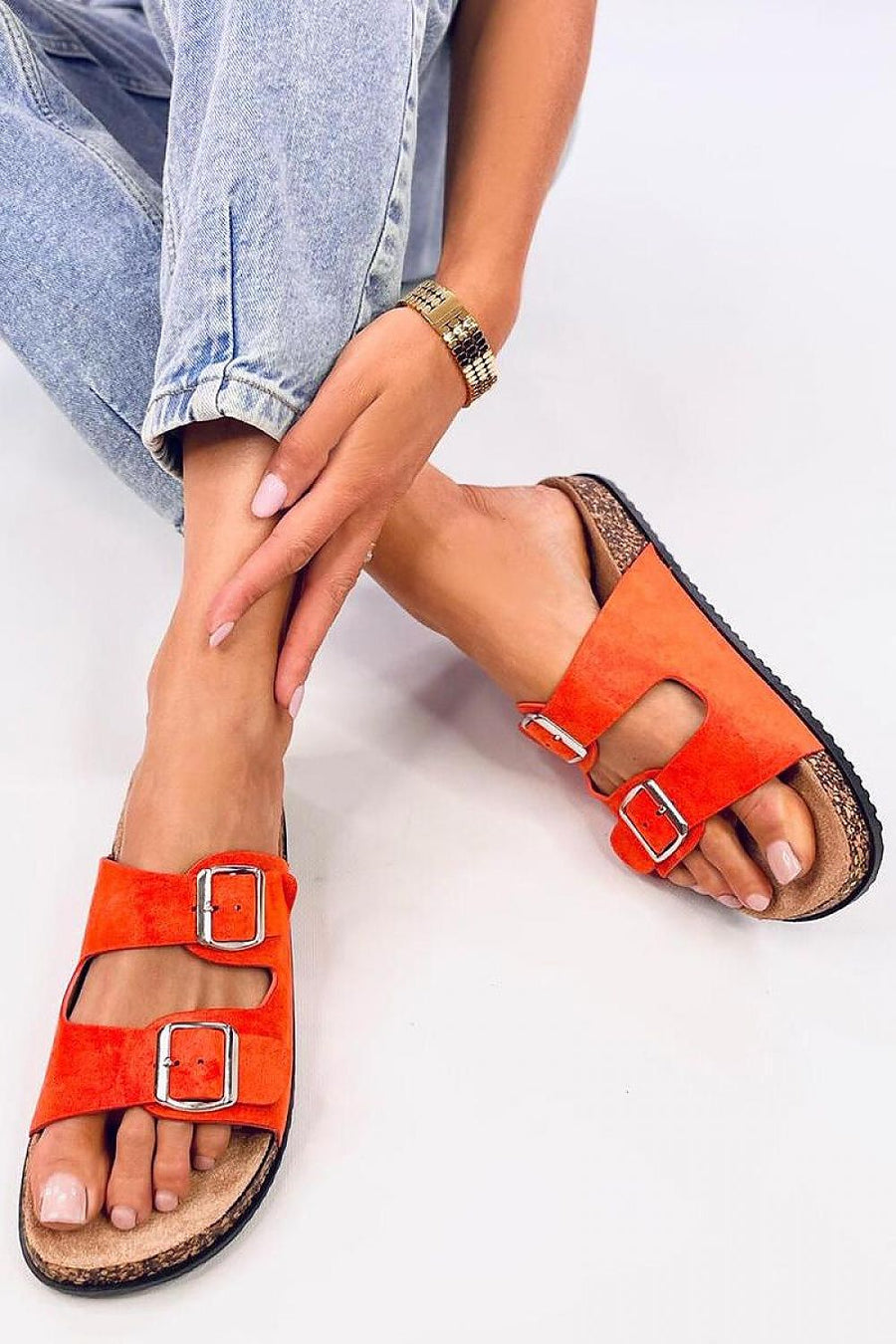 Inello Suede Buckle Strap Orange Sandals