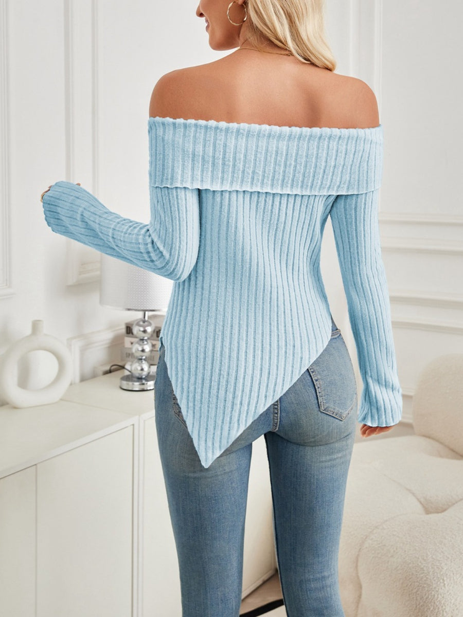 Ribbed Asymmetrical Hem Off-Shoulder Long Sleeve Top