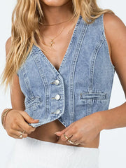 Button-Up Sleeveless Denim Top