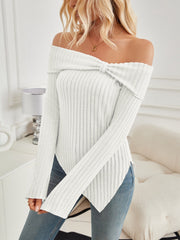 Ribbed Asymmetrical Hem Off-Shoulder Long Sleeve Top