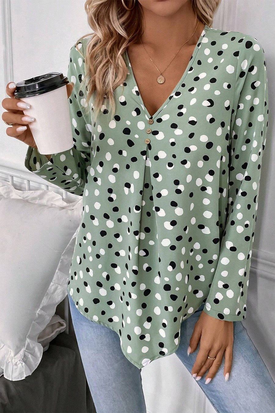 Spot Printed V-Neck Long Sleeve Blouse