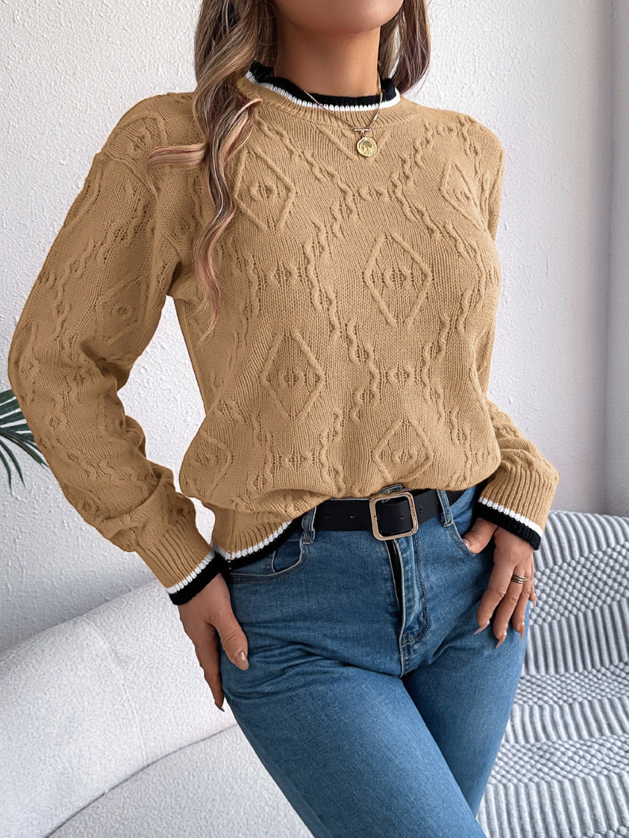 Black Trim Round Neck Long Sleeve Sweater