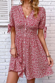 Floral Tied Puff Sleeve Button Front Dress