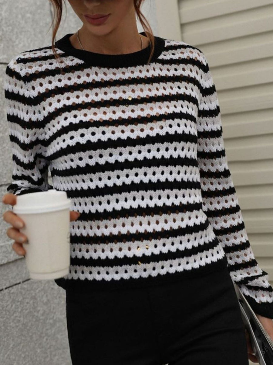 Striped Openwork Long Sleeve Knit Pullover - SIR SAVE ALOT