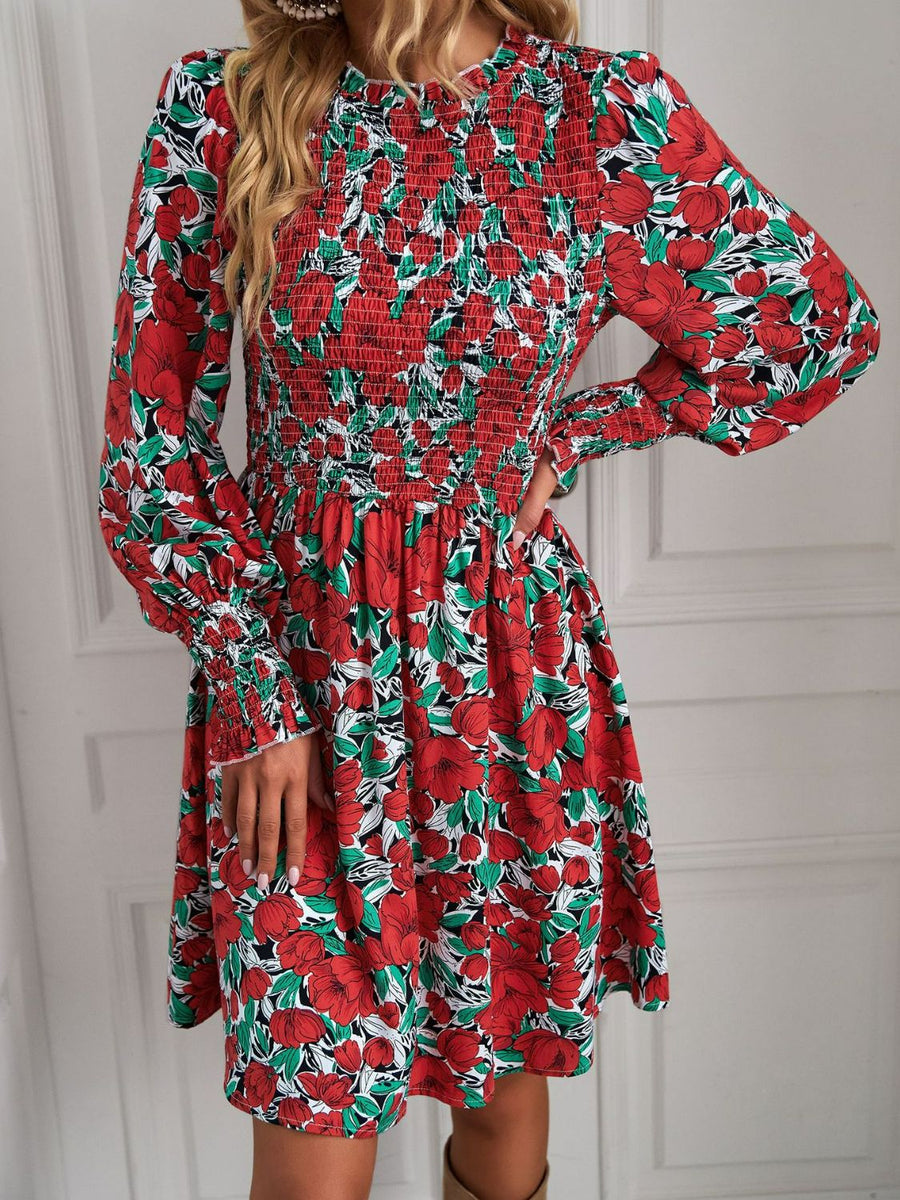 Printed Puff Sleeve Smocked Dress - SIR SAVE ALOT