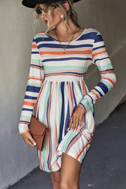 Striped Round Neck Long Sleeve Tee Dress - SIR SAVE ALOT