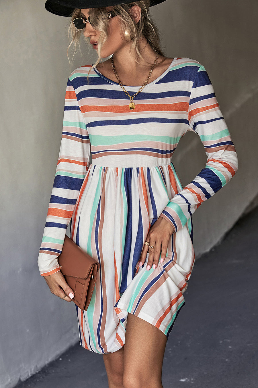 Striped Round Neck Long Sleeve Tee Dress - SIR SAVE ALOT