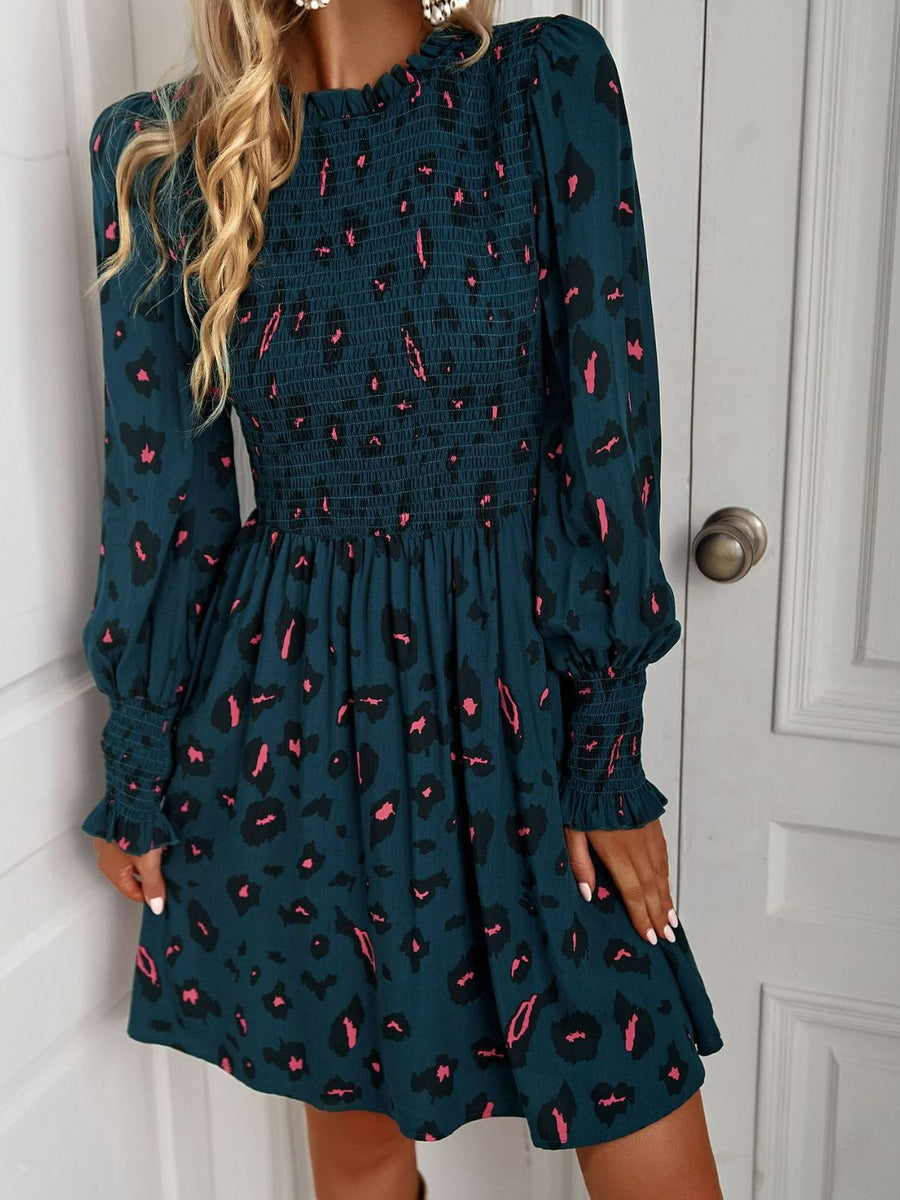 Printed Puff Sleeve Smocked Dress - SIR SAVE ALOT