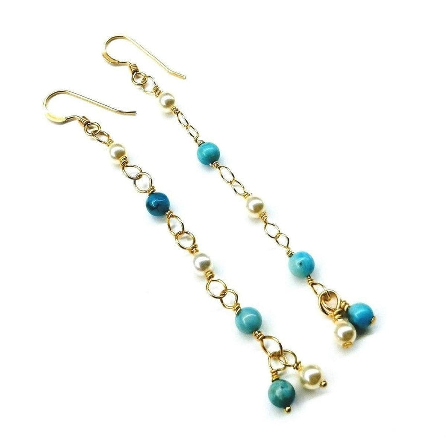 14 KT Gold Filled Wire Wrapped Long Turquoise Pearl Dangle Earrings - SIR SAVE ALOT