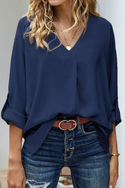 Plus Size Roll-Tab Sleeve Slit Blouse