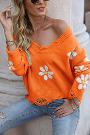 Flower Distressed Ribbed Trim Sweater - SIR SAVE ALOT