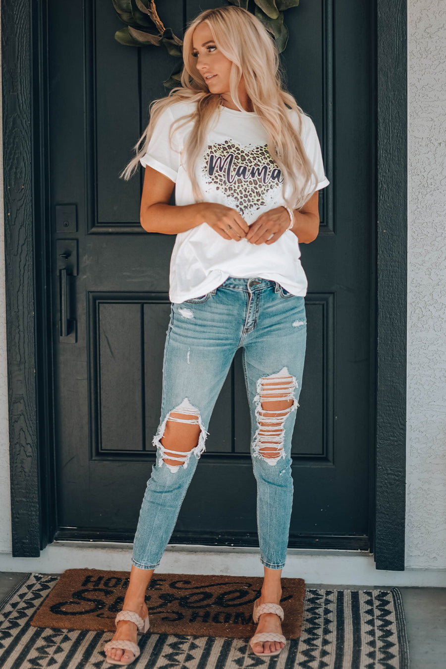 Mama Leopard Heart Graphic Tee Shirt