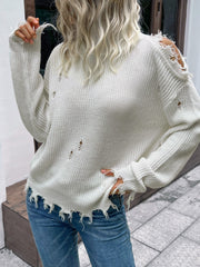 Distressed High Neck Cold-Shoulder Sweater - SIR SAVE ALOT