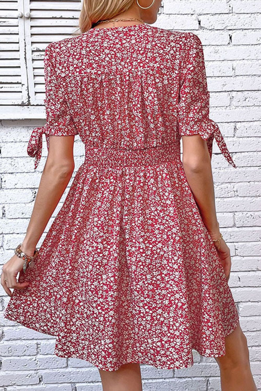 Floral Tied Puff Sleeve Button Front Dress