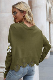 Flower Distressed Ribbed Trim Sweater - SIR SAVE ALOT