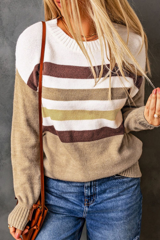 Striped Ribbed Trim Drop Shoulder Sweater - SIR SAVE ALOT