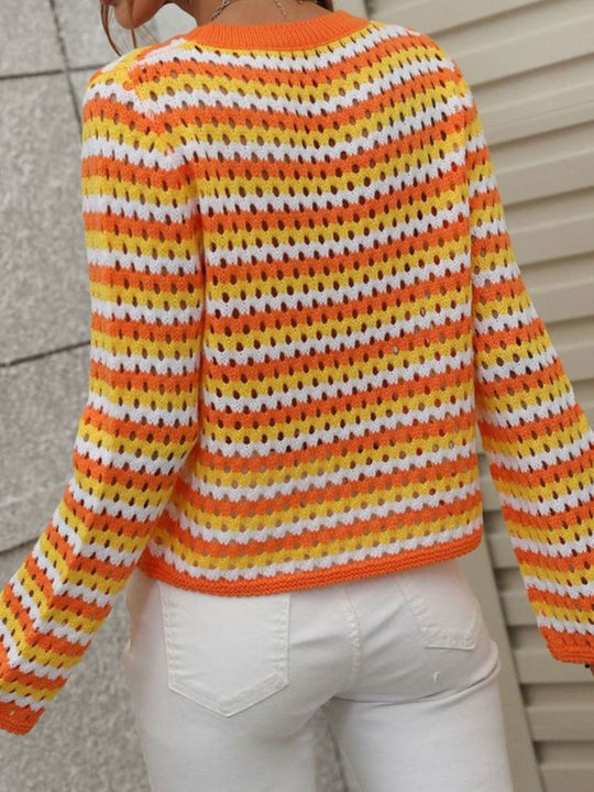 Striped Openwork Long Sleeve Knit Pullover - SIR SAVE ALOT