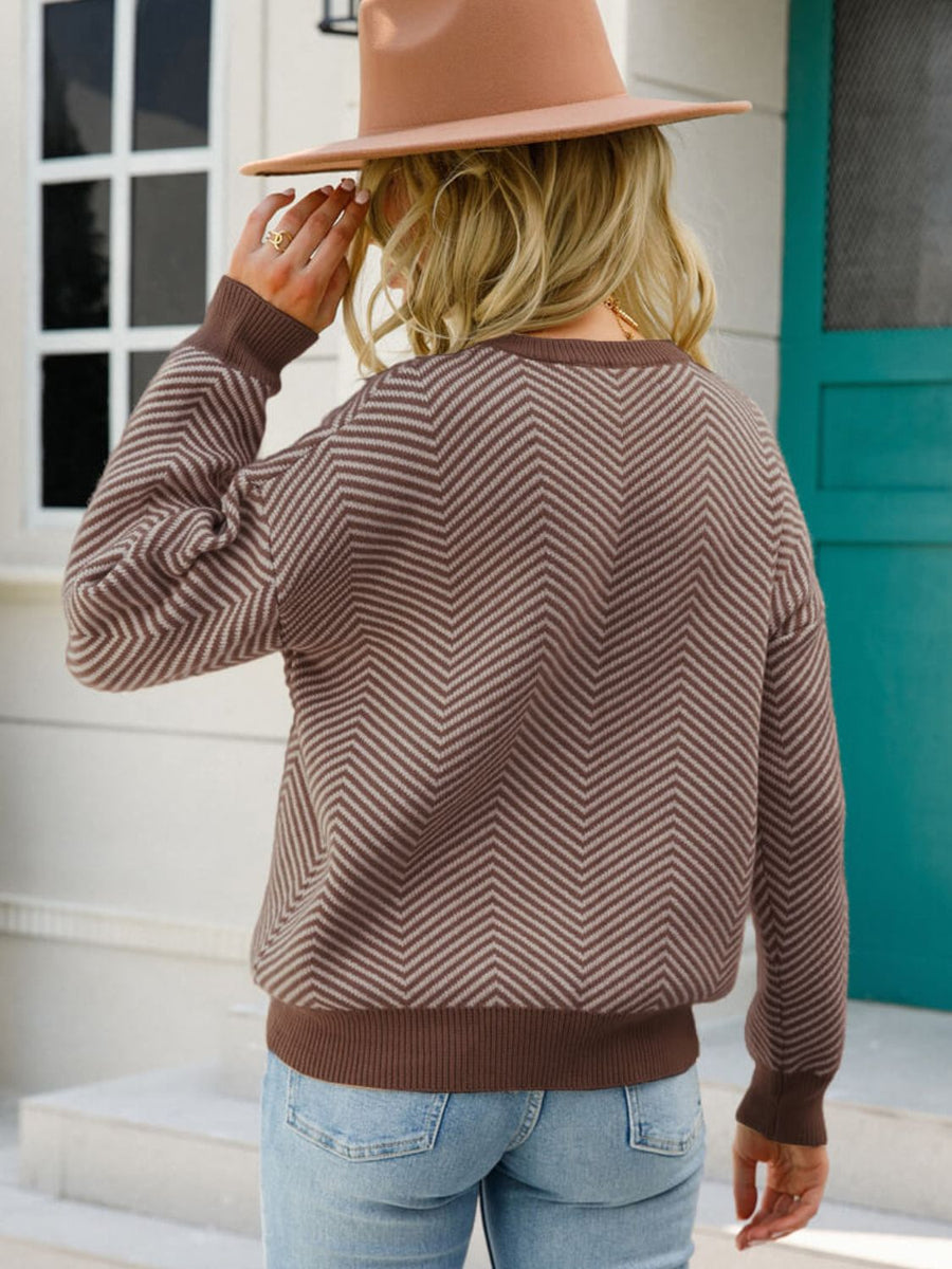 Chevron Ribbed Trim Dropped Shoulder Knit Pullover - SIR SAVE ALOT