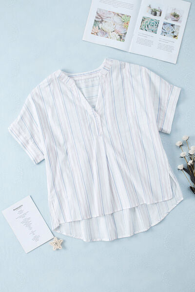 Striped Notched Short Sleeve Shirt