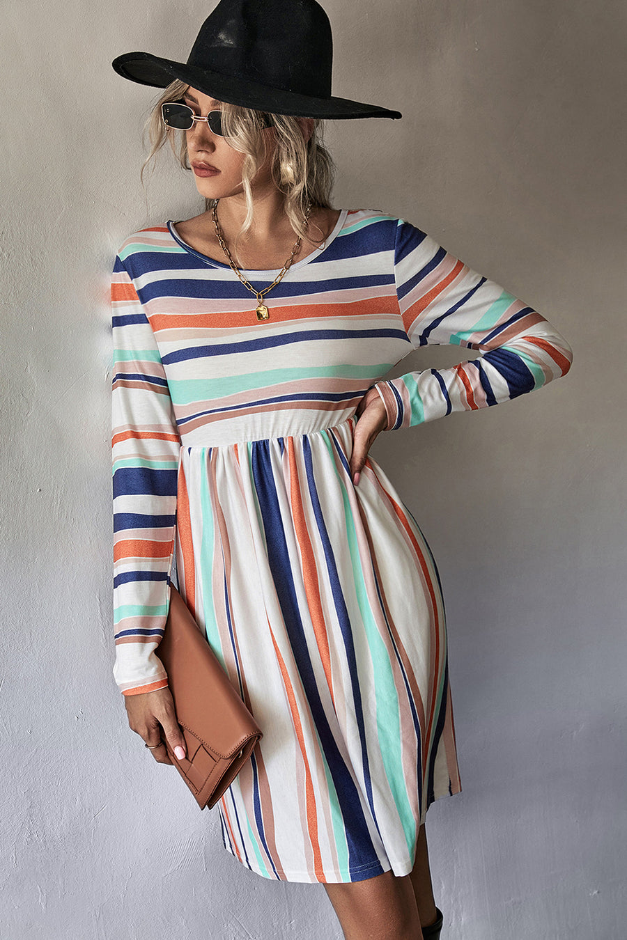 Striped Round Neck Long Sleeve Tee Dress - SIR SAVE ALOT