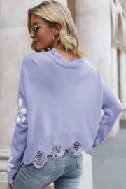 Flower Distressed Ribbed Trim Sweater - SIR SAVE ALOT