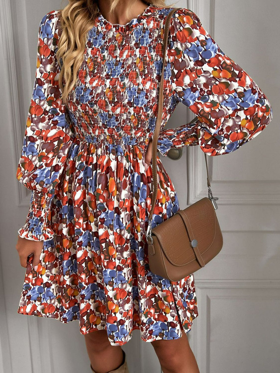 Printed Puff Sleeve Smocked Dress - SIR SAVE ALOT