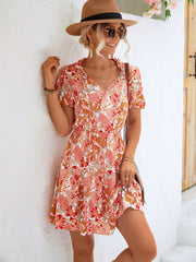 Floral Tie Neck Puff Sleeve Tiered Dress - SIR SAVE ALOT