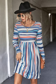 Striped Round Neck Long Sleeve Tee Dress - SIR SAVE ALOT