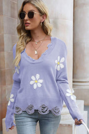 Flower Distressed Ribbed Trim Sweater - SIR SAVE ALOT