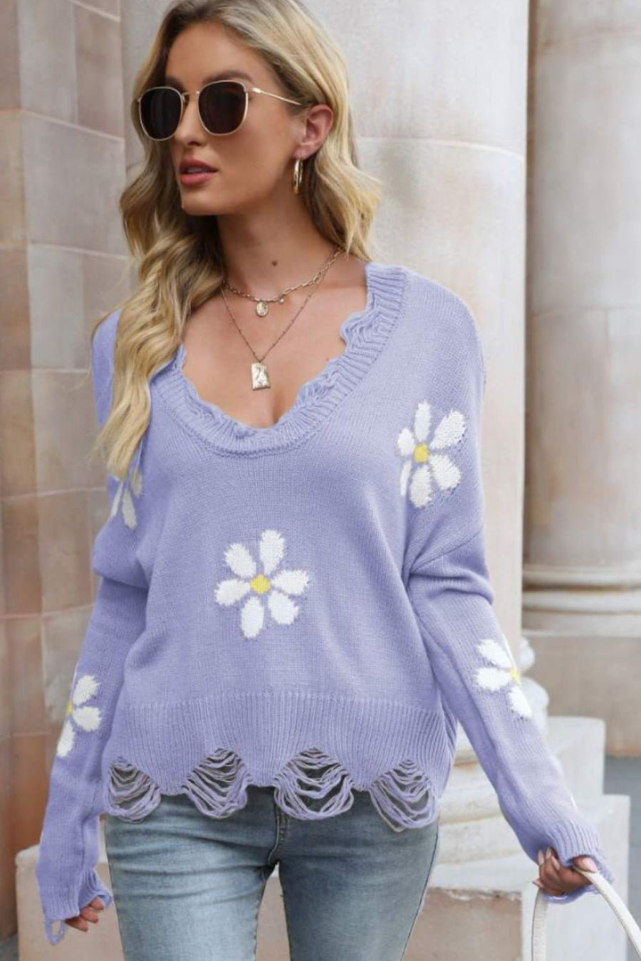 Flower Distressed Ribbed Trim Sweater - SIR SAVE ALOT