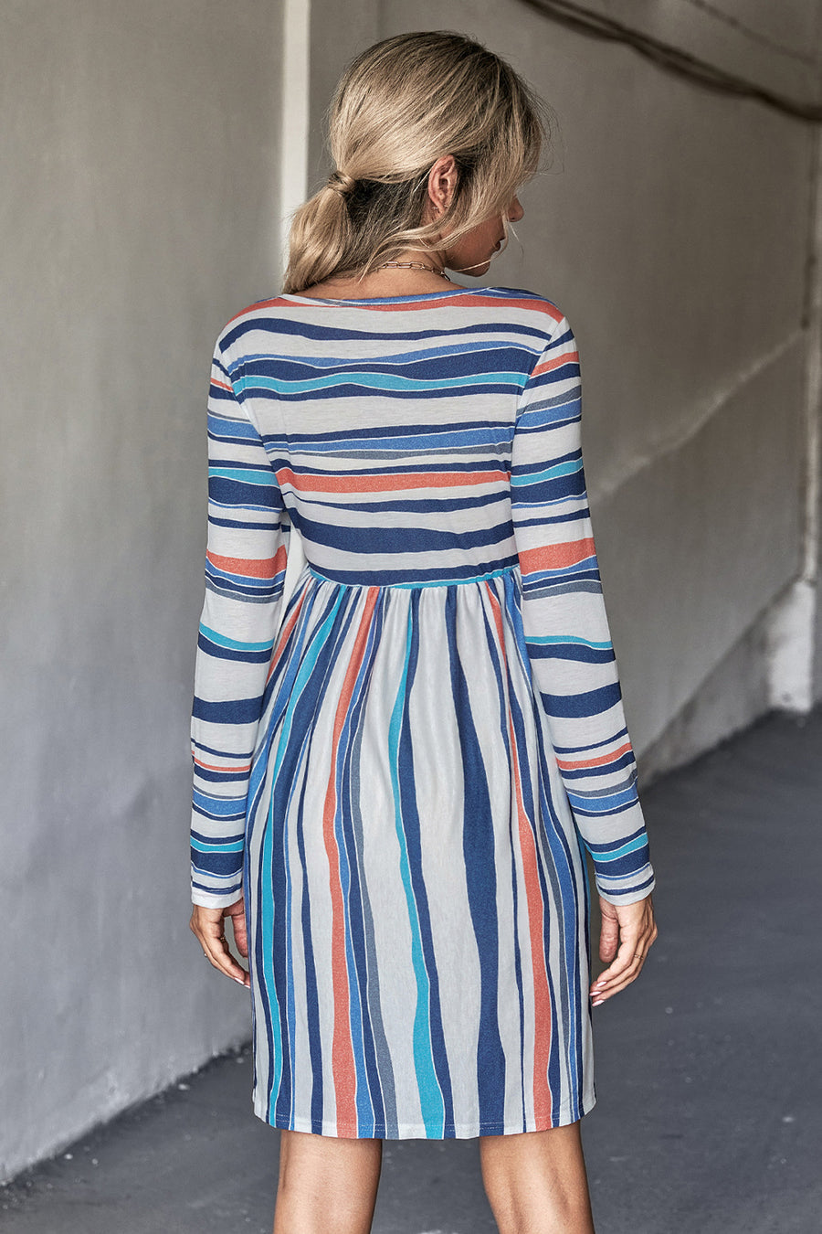 Striped Round Neck Long Sleeve Tee Dress - SIR SAVE ALOT