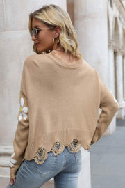 Flower Distressed Ribbed Trim Sweater - SIR SAVE ALOT