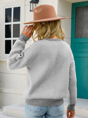 Chevron Ribbed Trim Dropped Shoulder Knit Pullover - SIR SAVE ALOT