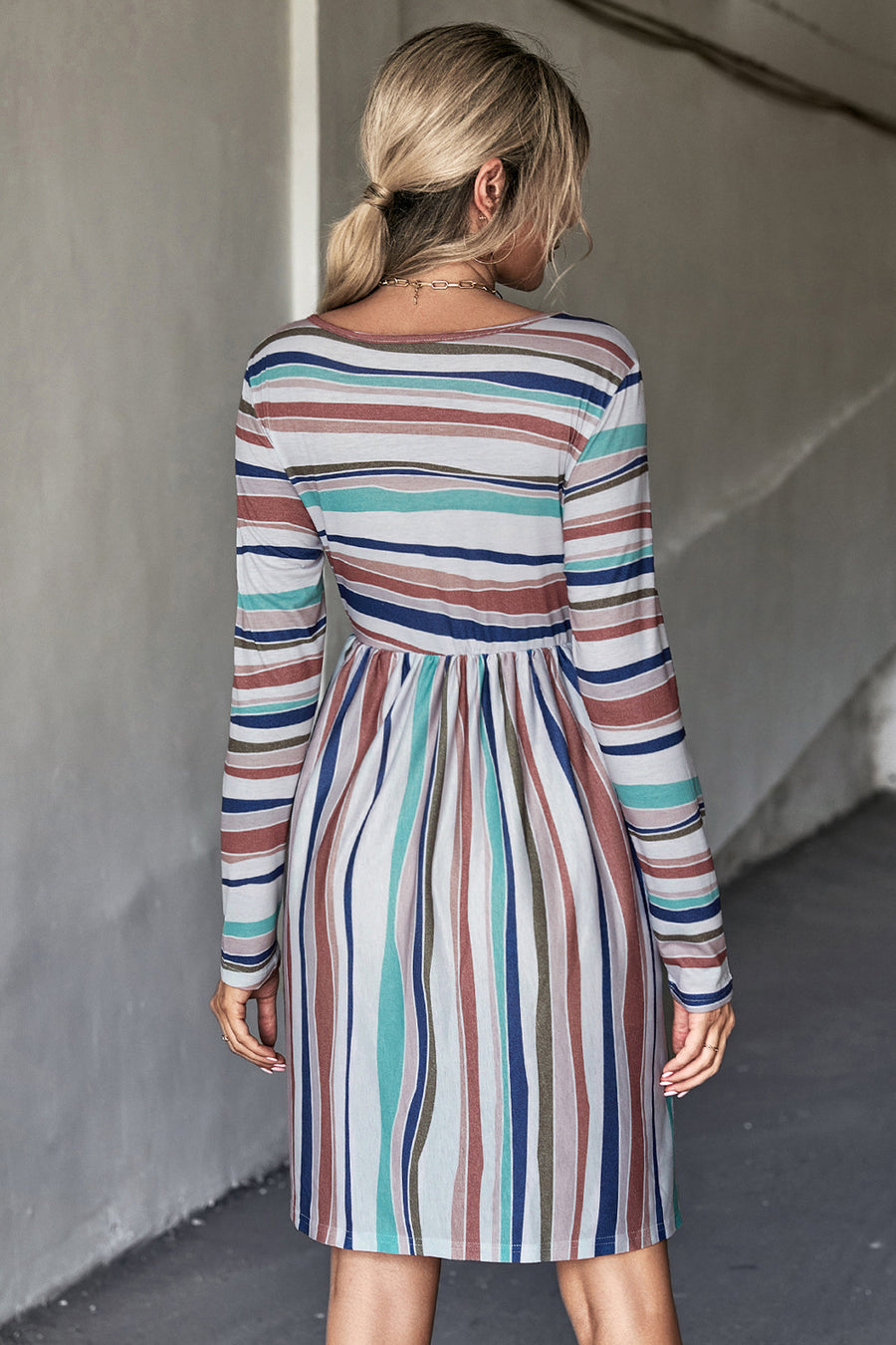 Striped Round Neck Long Sleeve Tee Dress - SIR SAVE ALOT