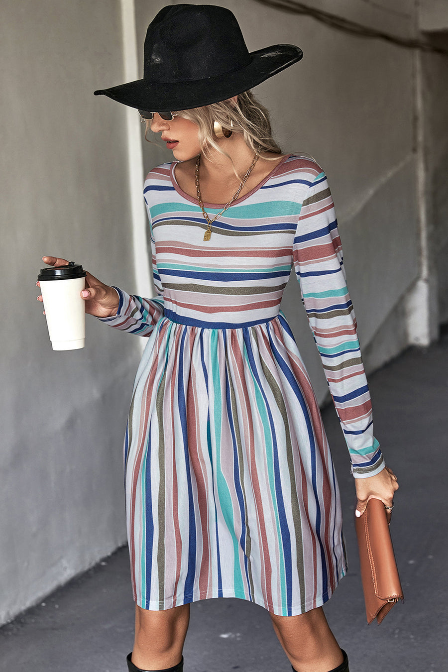 Striped Round Neck Long Sleeve Tee Dress - SIR SAVE ALOT