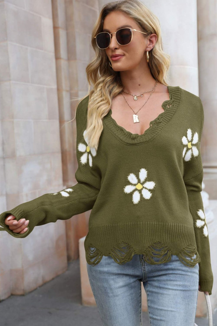 Flower Distressed Ribbed Trim Sweater - SIR SAVE ALOT