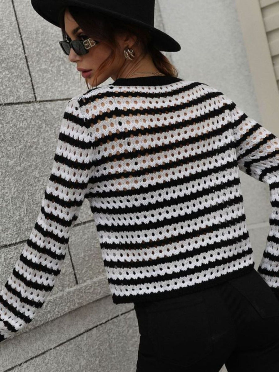 Striped Openwork Long Sleeve Knit Pullover - SIR SAVE ALOT