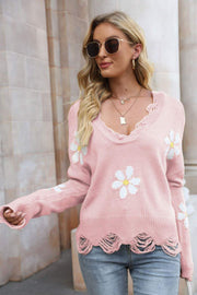 Flower Distressed Ribbed Trim Sweater - SIR SAVE ALOT