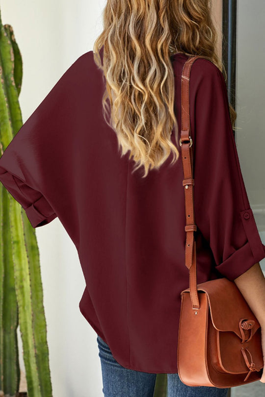 Plus Size Roll-Tab Sleeve Slit Blouse