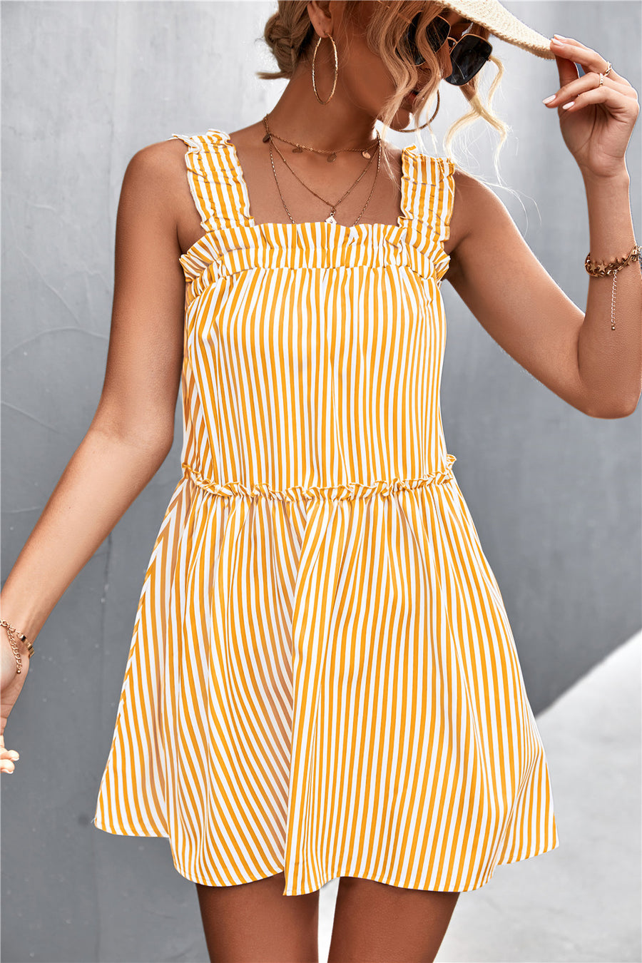 Striped Frill Trim Square Neck Dress