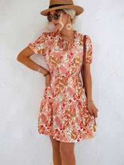 Floral Tie Neck Puff Sleeve Tiered Dress - SIR SAVE ALOT