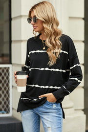 Striped Side Slit Round Neck Sweatshirt - SIR SAVE ALOT