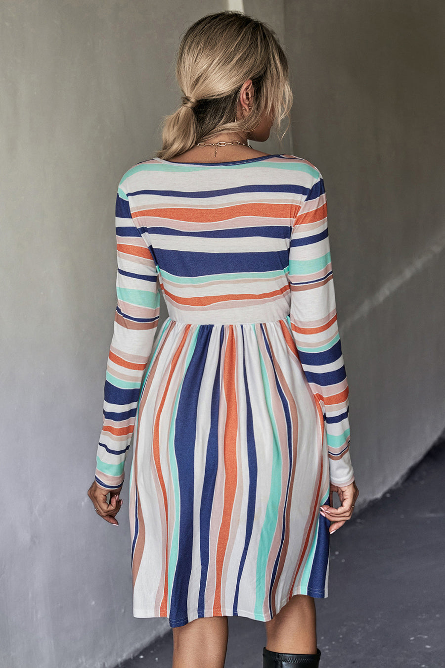 Striped Round Neck Long Sleeve Tee Dress - SIR SAVE ALOT