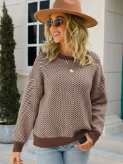 Chevron Ribbed Trim Dropped Shoulder Knit Pullover - SIR SAVE ALOT