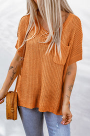 Side Slit V-Neck Short Sleeve Sweater - SIR SAVE ALOT