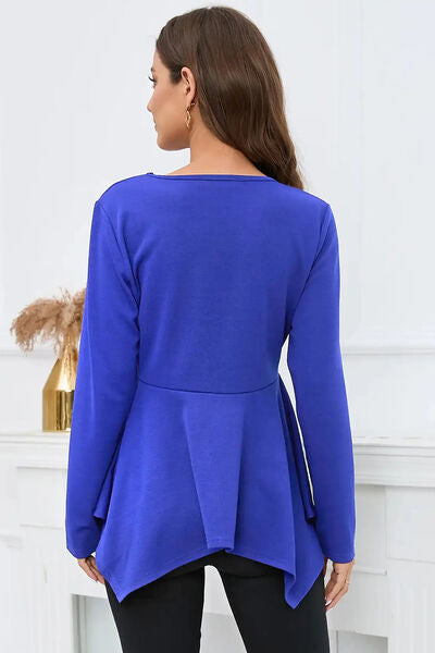 Peplum Round Neck Long Sleeve Blouse