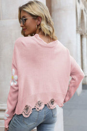 Flower Distressed Ribbed Trim Sweater - SIR SAVE ALOT