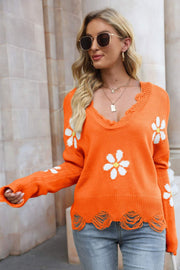 Flower Distressed Ribbed Trim Sweater - SIR SAVE ALOT