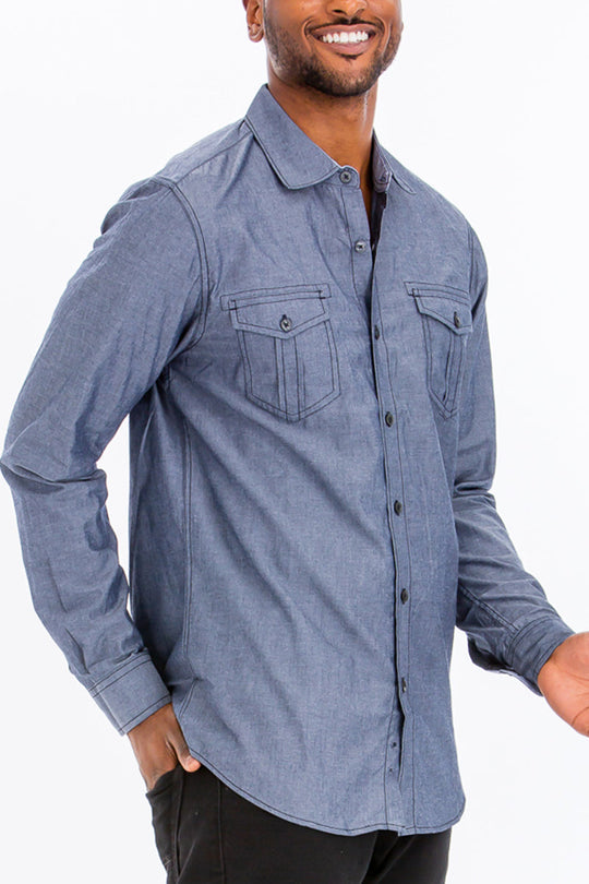 Outline Stitch Button Down Blue Long Sleeve Shirt - SIR SAVE ALOT