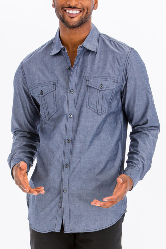 Outline Stitch Button Down Blue Long Sleeve Shirt - SIR SAVE ALOT